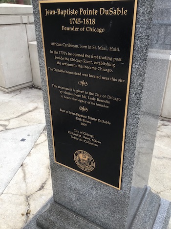 Closeup of the Jean Baptiste Point DuSable monument.