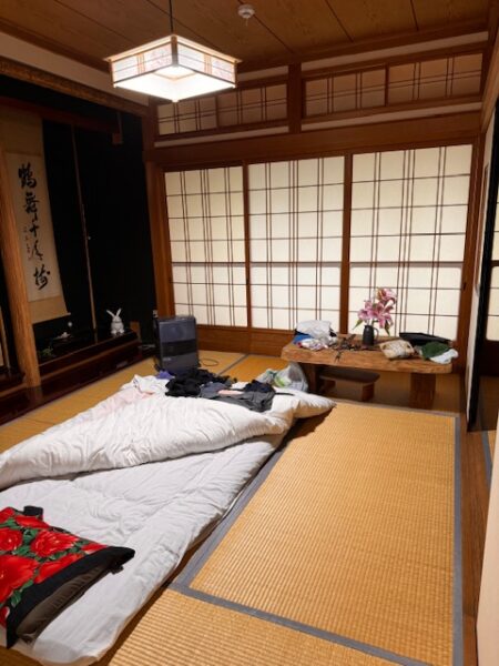 Bedding on tatami floor in farmhouse in Shikoku 88 pilgrimage.