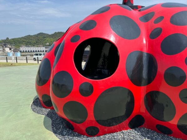 A close up view of the red pumpkin at Naoshima island in Japan.