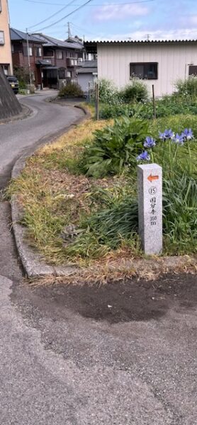 A stone marker on a paved road surface pointing to the next temple.