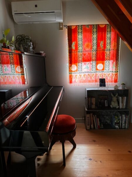 Calming music room in a renovated farmhouse.