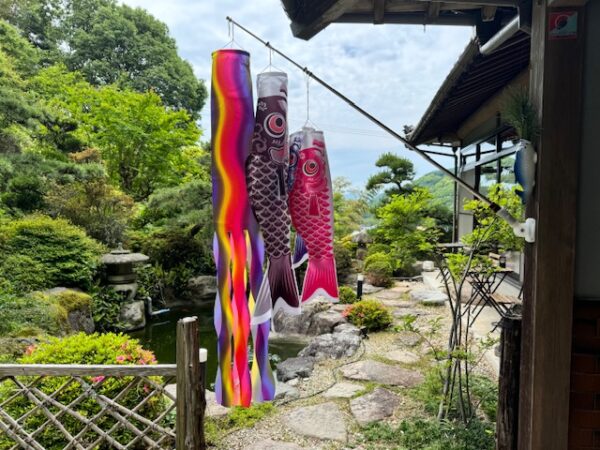 Koinobori hang in gront ofvthe guesthouse in Omishima.