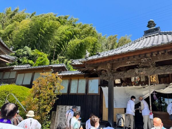 A pilgrim group visiting one of Imabari's city temples.