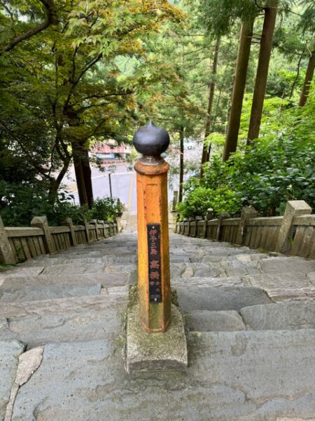 Bannister at top of stone steps at Sankaku-ji temple.