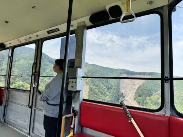 On the Unpen-ji ropeway in the Shikoku mountains.