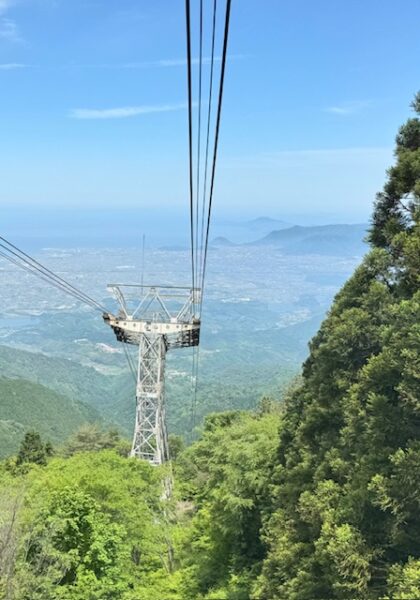 The ropeway cables in the foreground of Takamatsu.