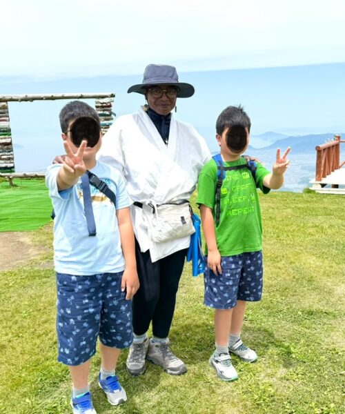 Friend at the observation point at Unpen-ji.