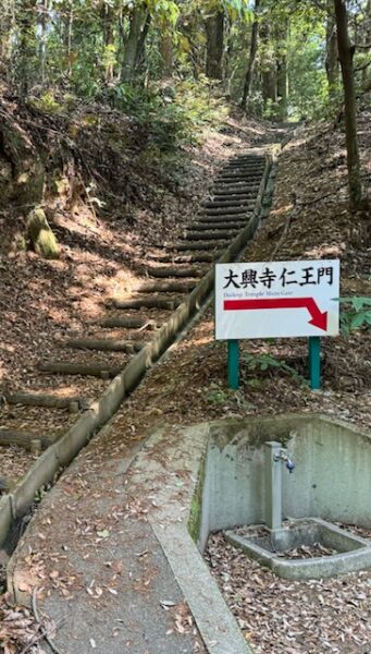 Sign directing visitors to the renovated temples by way a forest path or the road.