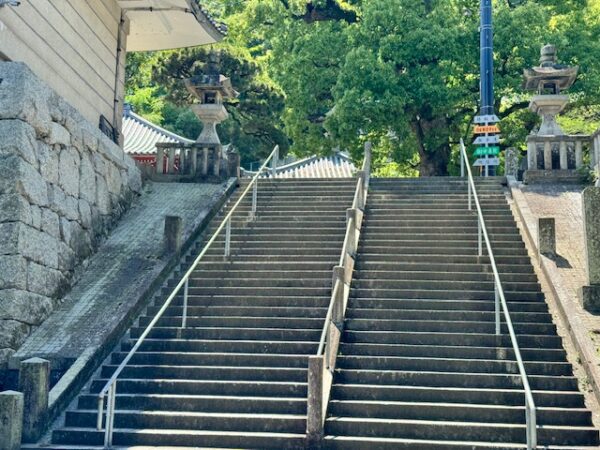 Stone steps to renovated temples 68 and 69 on Shikoku pilgrimage.