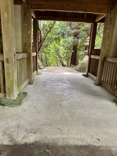 Backward look through niomon gate at Iyadani-ji on Shikoku pilgrimage.