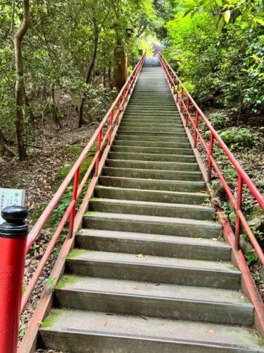 The red bannisters and 108 steps at Iyadani-ji on Shikoku pilgrimage.