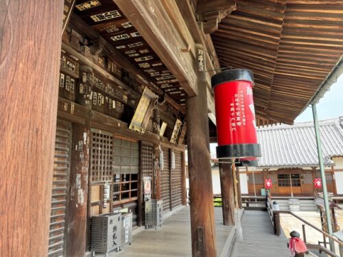 Front porch of daishi hall on Konzo-ji temple on Shikoku pilgrimage.