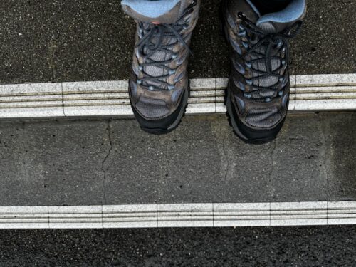 Rain soaked trail shoes on Shikoku pilgrimage.