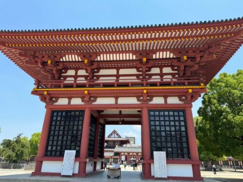 Giant temple gate at Shitenno-ji temple in Osaka, Japan.