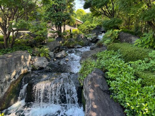 Water falls at stream at Senso-ji temple in Tokyo.