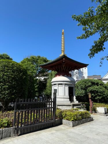 a single story pagoda at Senso-ji temple in Tokyo.