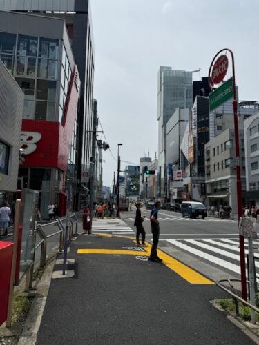 Buildings on a busy street in Tokyo.