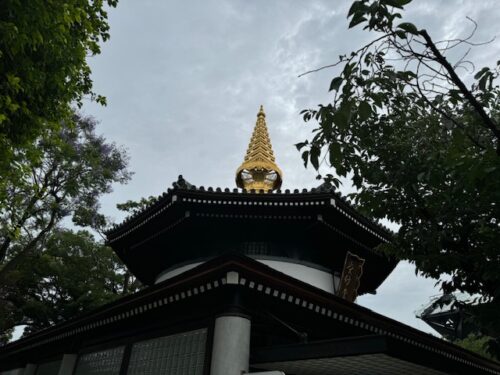 Reception hall with pagoda at Isshin-ji temple in Osaka, Japan.2