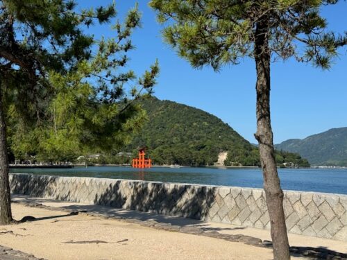 Red torii gate at Miyajima in Japan.