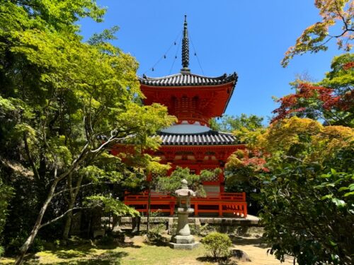 Two-storied red pagoda at Mitaki-dera in Hiroshima.